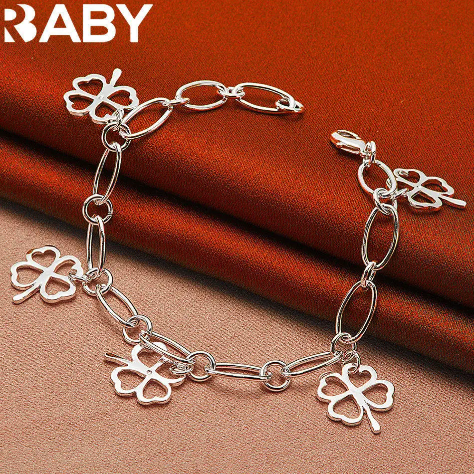 

URBABY 925 Sterling Silver Clover Oval Ring Bracelet For Women's Fashion Jewelry Lucky Exquisite Fashion Party Gifts