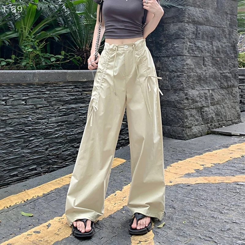 American Street เอวสูงแฟชั่นและสบายๆหวานเอวสูง Drawstring หลวมอเมริกันกางเกงทํางาน