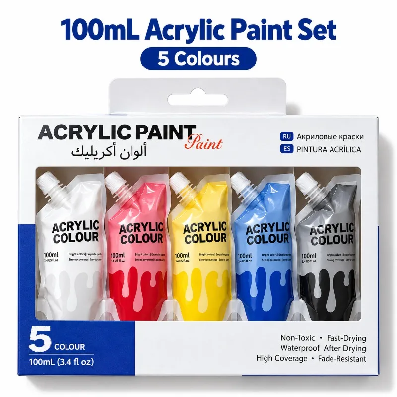 5 Colors Acrylic Paint Set 100ml Pouches Quick-Dry Waterproof Nozzle Pack Hand Painting Graffiti Plaster Figurine Art Paint