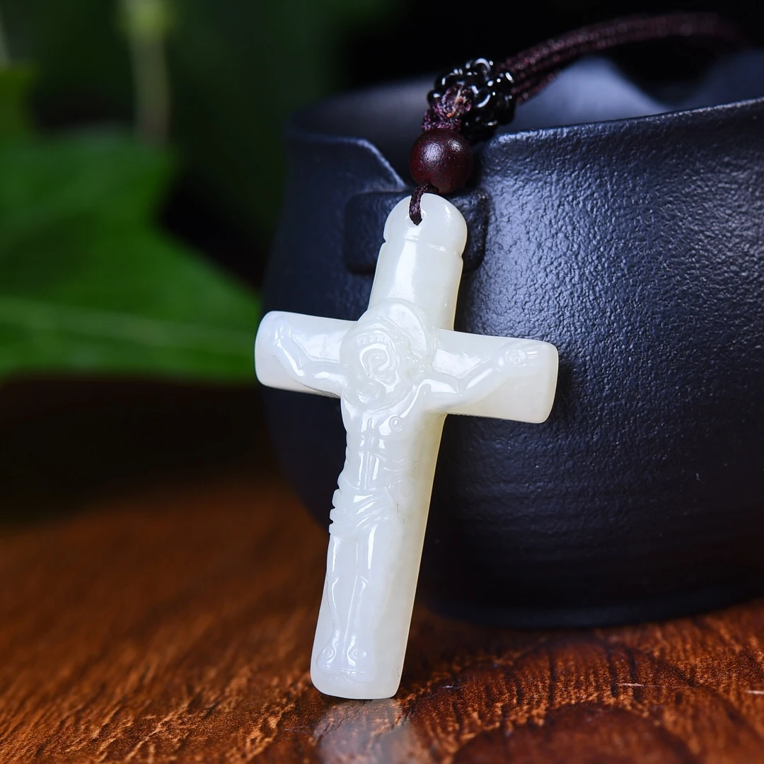 

29*47mm Certified Natural White Jade Cross Charm Necklace Men Women Chinese Nephrite Hetian Jade Jesus Cross Pendant Necklaces
