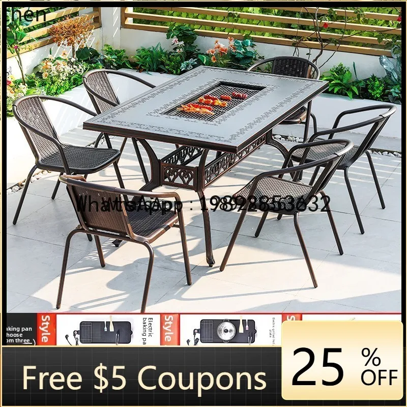 

ZZ Outdoor BBQ Table and Chairs for Courtyard, Villa, Garden, Outdoor BBQ Cast Aluminum Dining Table and Chairs
