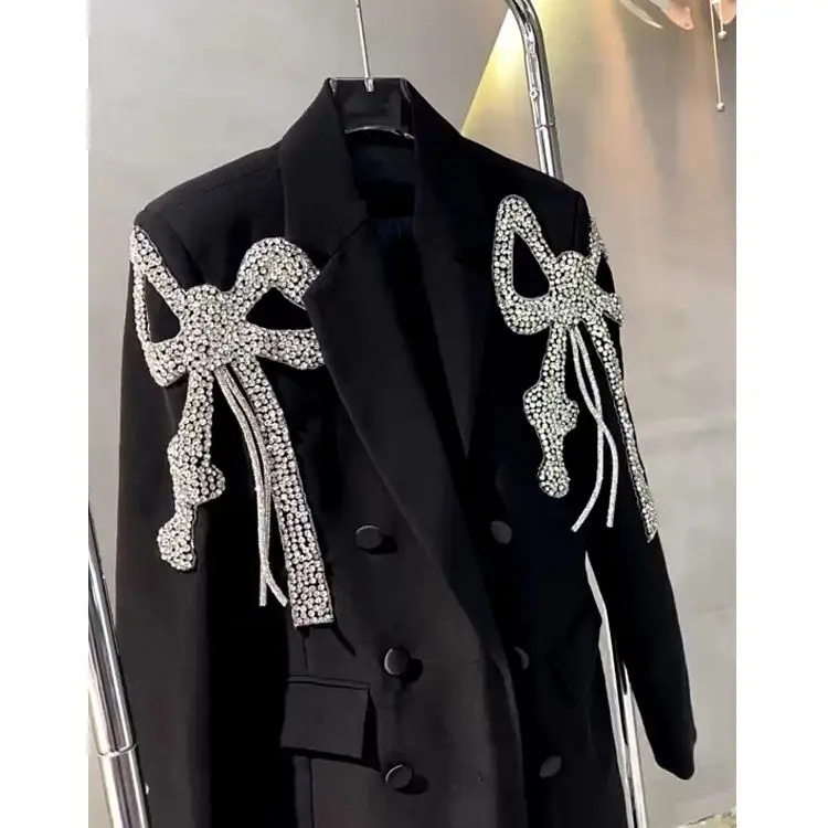 Women Bow Diamonds Beaded Black Blazer Coat Turn Down Collar Drilling Suits Jacket OL Crsytal Cardigan Crop Tops Chaqueta