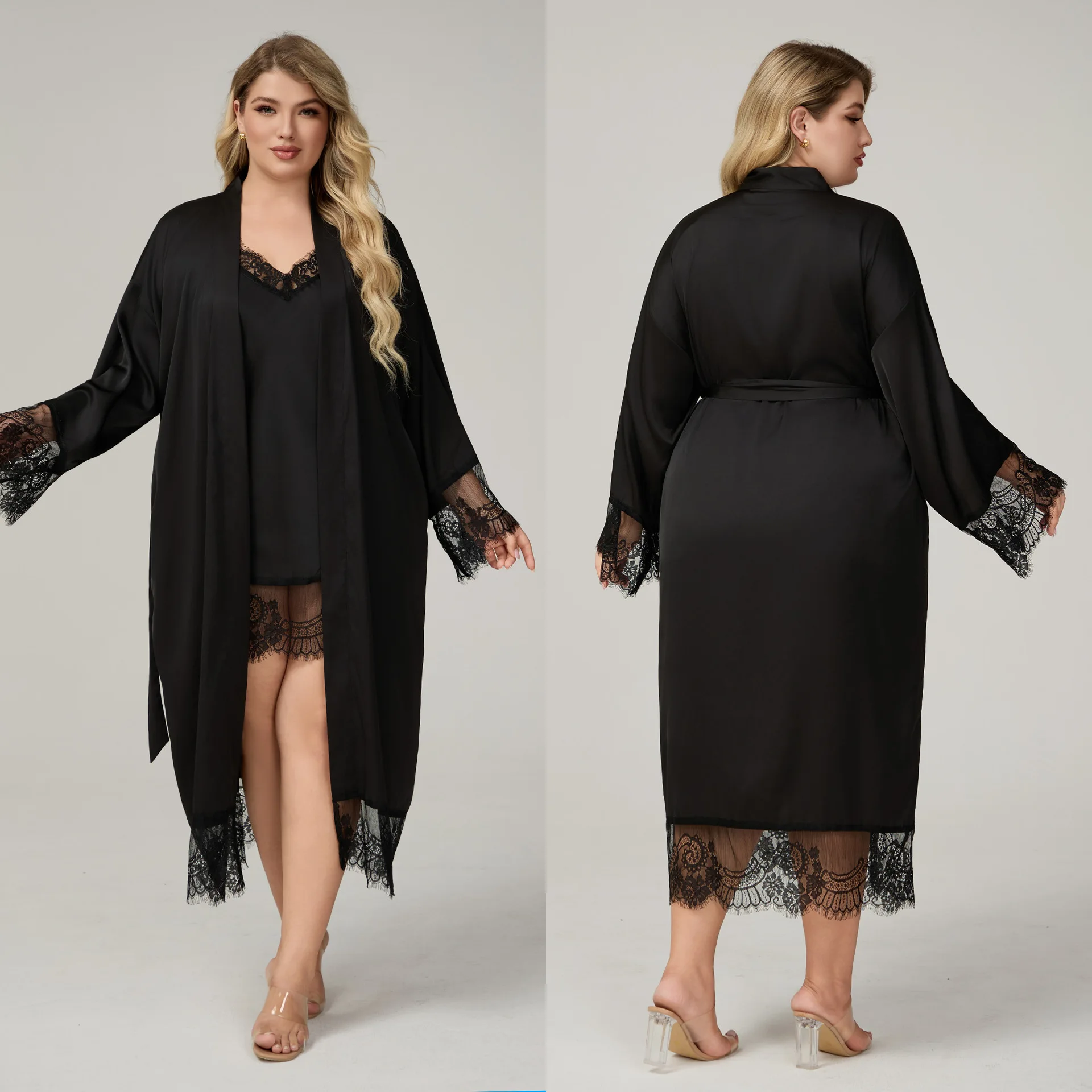 Satin chiffon ladies nightgown Spring and Autumn lace long sleeve plus size pajamas home service suit