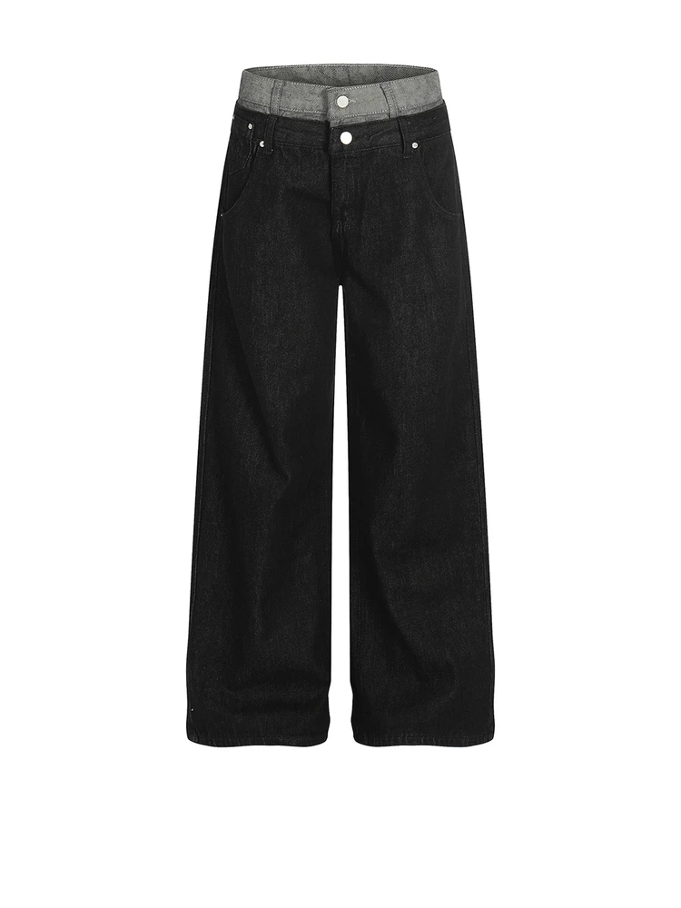 

FXK Original Retro American Trendy Brand Design Sense Double Waist Color Blo Jeans Long Straight Casual Pants Hip Hop Sle