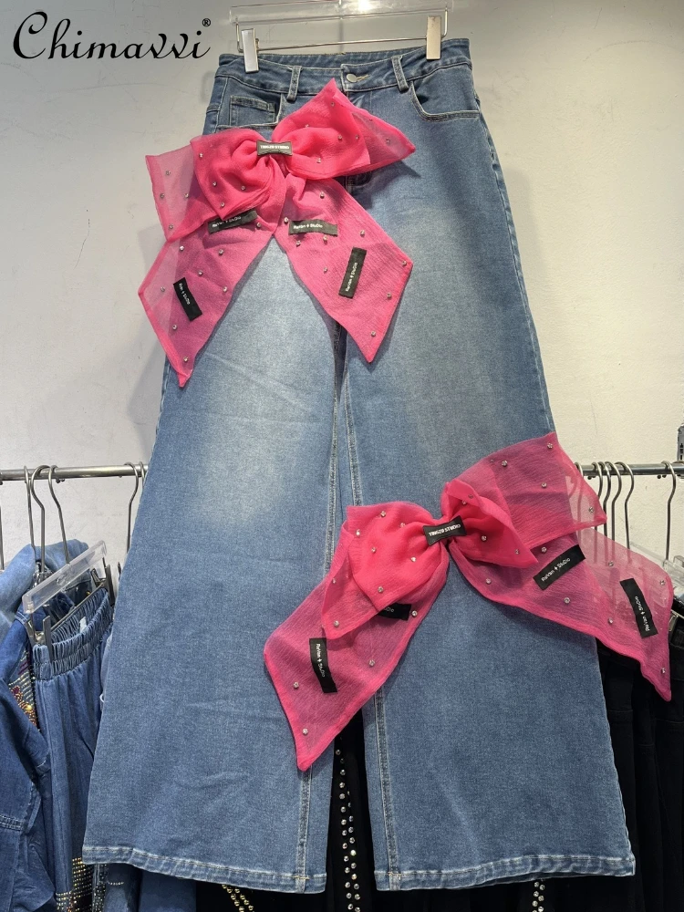 

Корейский стиль, винтажные модные широкие джинсы с высокой талией, сетчатый бант, универсальные повседневные свободные джинсовые брюки, женские осенние джинсовые брюки