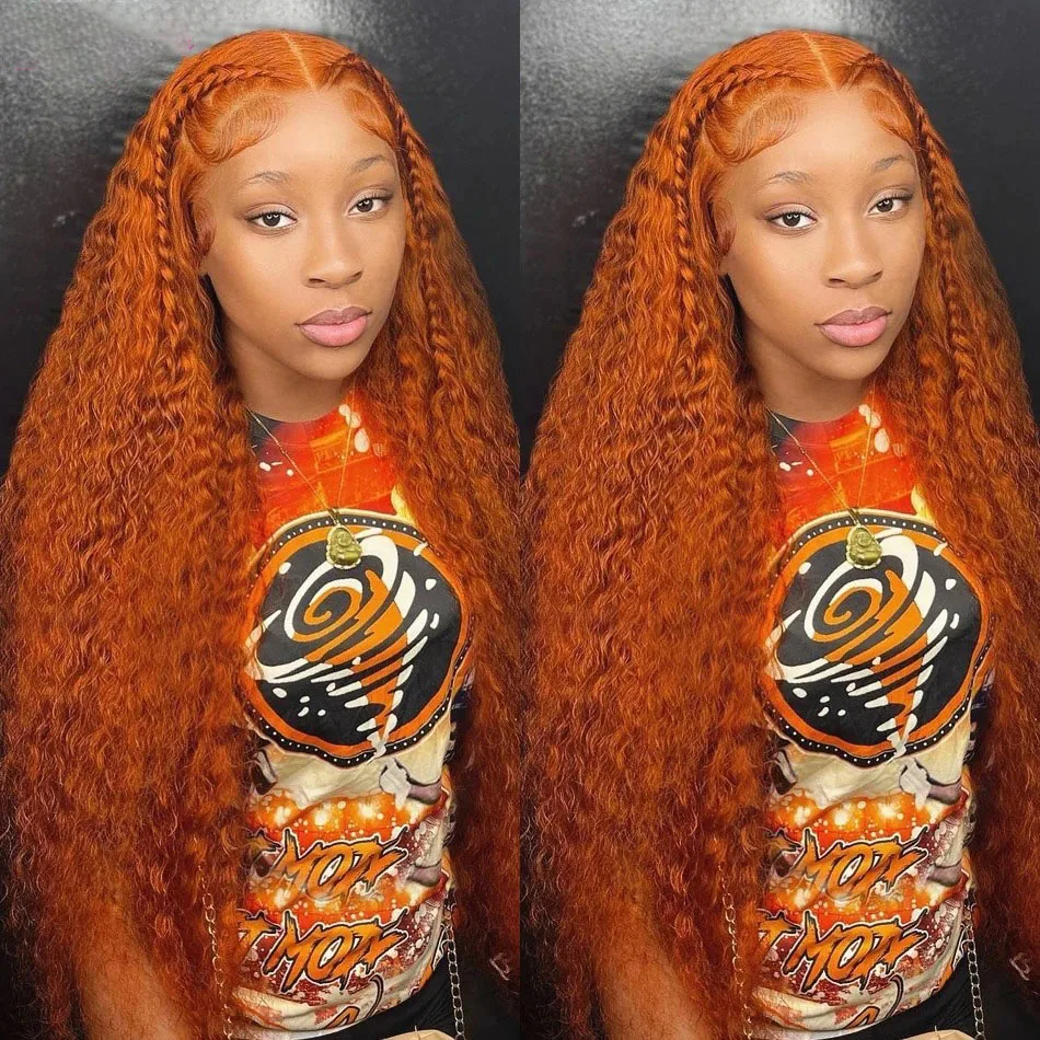 200% Density 13x6 Water Wave Lace Frontal Wig Ginger Orange Curly Human Hair Wigs #350 Colored Lace Front Wig  For Women 30 Inch