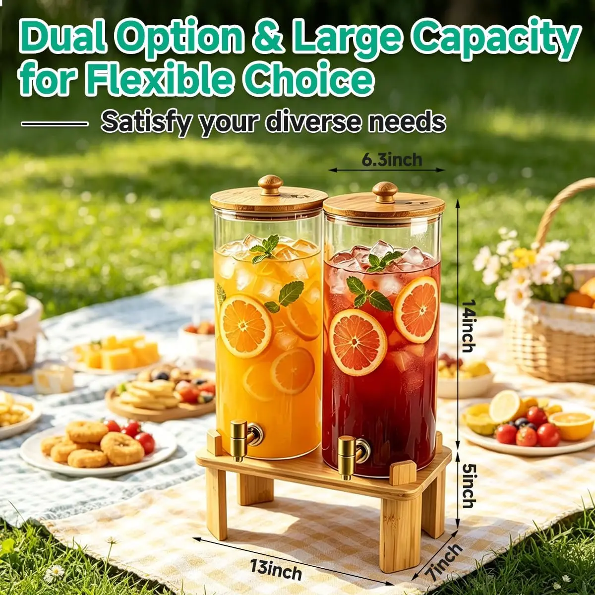 2-Gallon Beverage Dispensers, Set of 2 (4 Gallons Total), Large Glass Drink Dispensers with Bamboo Wood Stand and Spigots for Parties, Water Dispensers, Juice Containers, Water Pitcher and Lemonade Dispenser