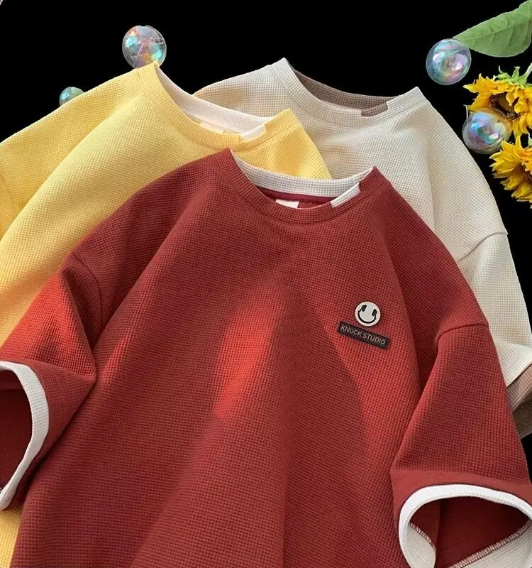 American Retro Wfle Pattern ort Sve Men's Summer Trendy Brand Fake Two-Piece T-irt Loose Fit oulder-Length Sve Top