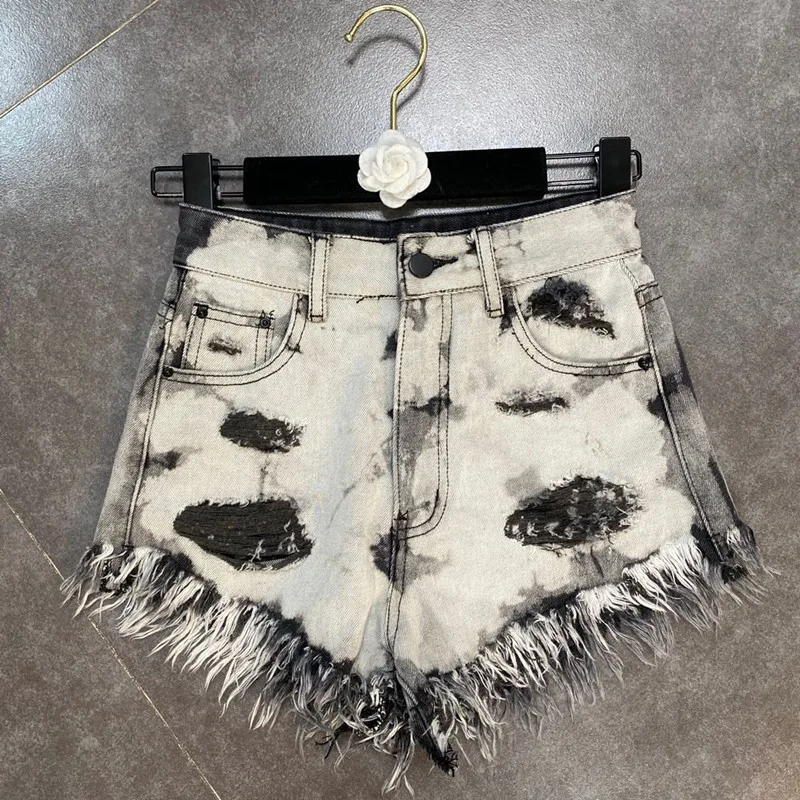 Tie Dye Denim Shorts Vrouwen 2022 Zomer Mode Kwastje Gescheurde Jeans Shorts Streetwear Losse Hoge Taille Wijde Pijpen Broek Vrouwelijke