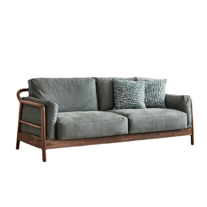 

LMM Black Walnut Wooden Sofa Small Apartment Nordic Living Room Small Square Blue Suede Fabric Solid Wood Sofa