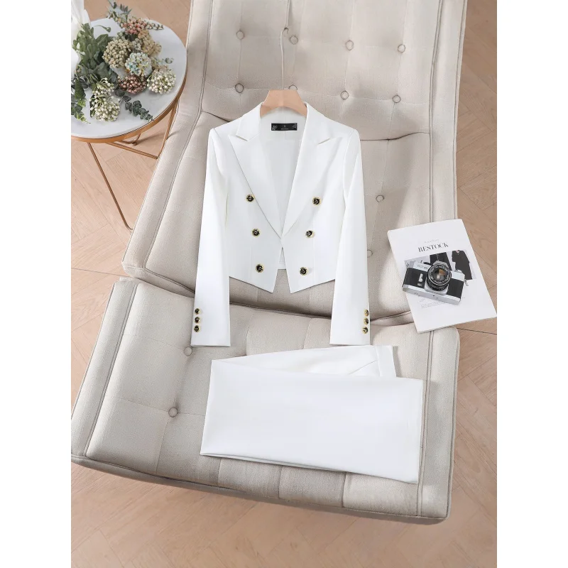 Spring and Autumn New Style Elegant Double-Breasted Women's Suit Set, Fashionable Short Professional Outfit, High-End Commuting