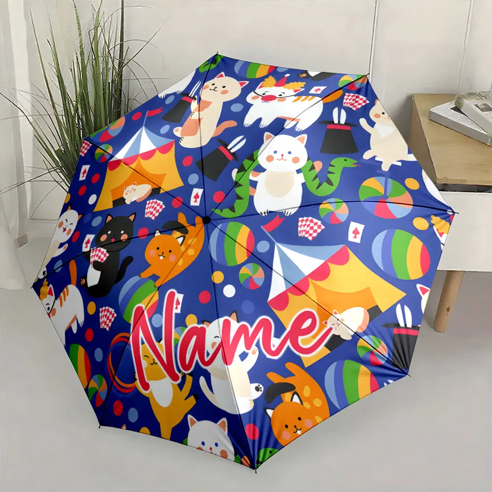 Custom Name Umbrella Colorful Cat Circus Umbrella Design Print 8 Iron Ribs Folding Umbrella Auto-Open Fashion Sunshade