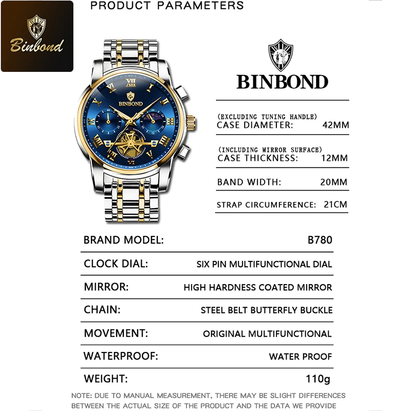 BINBOND модные трендовые мужские кварцевые часы со светящейся стрелкой, хронограф с фазой Луны, водонепроницаемые оригинальные мужские часы из нержавеющей стали