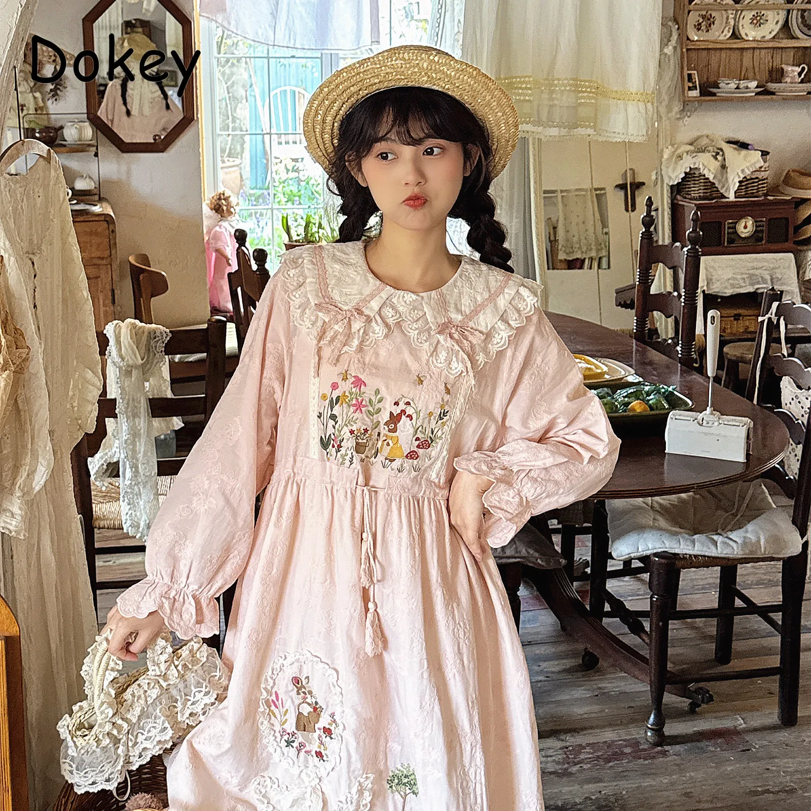

Vintage Embroidery Pink Kawaii Dress Women Spring Mori Girl Doll Collar Long Sleeve Dresses Female Elegant French Loose Vestido