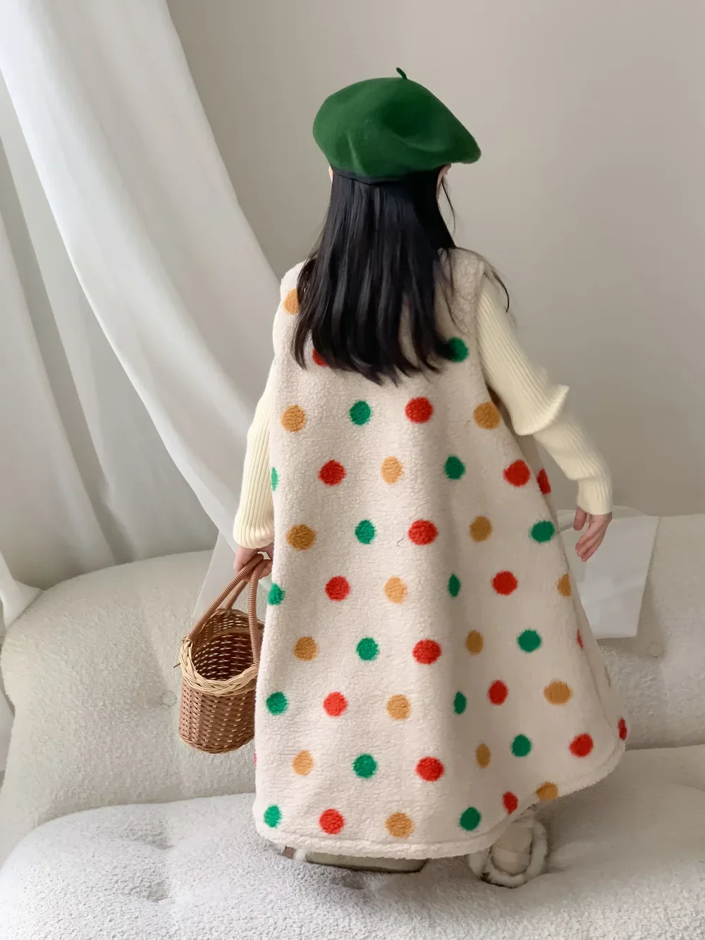 2023 Winter New Fashion Children Girls Suspenders Dress Kids Plush Warm Clothes Multicolored Polka Dot Furry Vest Dress