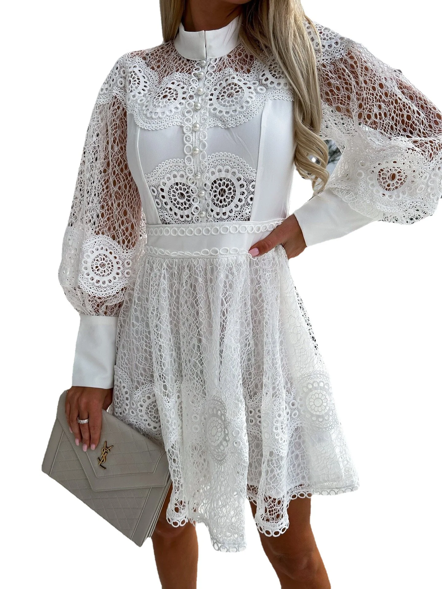 Fashion Women\'s Dress 2023 Spring and Summer New Sexy Half High Neck White Lace Elegant Long Sleeve A-Line Dress