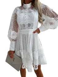 Fashion Women's Dress 2023 Spring and Summer New Sexy Half High Neck White Lace Elegant Long Sleeve A-Line Dress