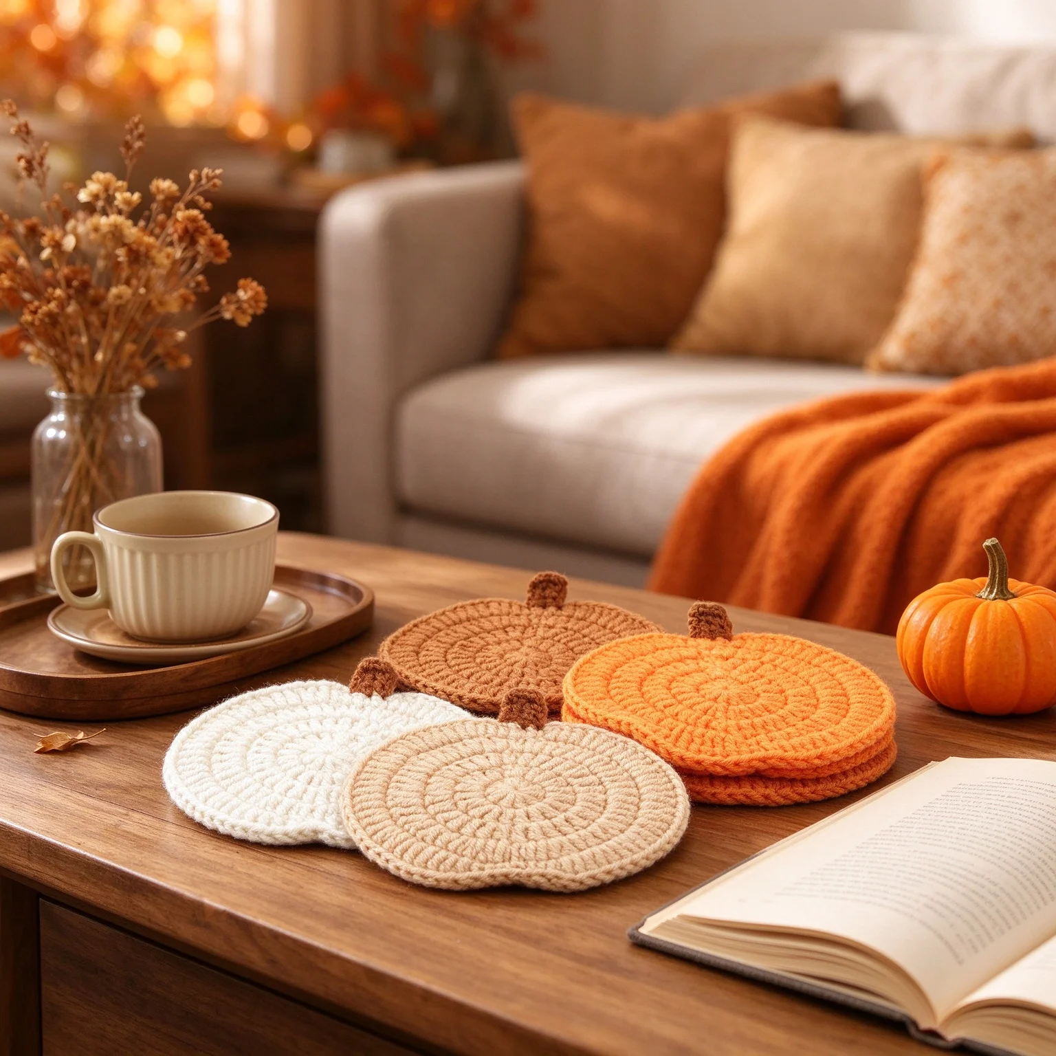 1/4 Pack Fall Pumpkin Coaster Handmade Crochet Drink Coaster Woven Pumpkin Cup Mat Pad for Autumn Harvest Thanksgiving Halloween