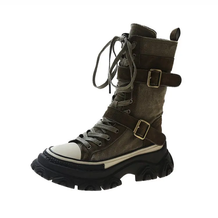 Rock Schuhe Frau Luxus Designer Flache Ferse Stiefel-Frauen Runde Kappe Mode 2024 Damen Herbst Med Ankle Slip-on Baumwolle Stoff – Detail 16