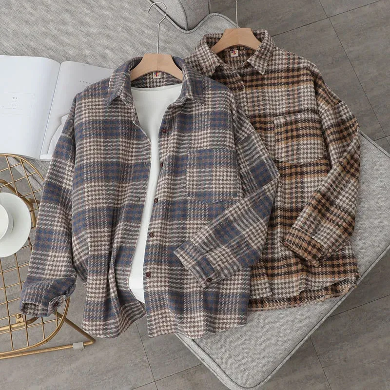 

Fall Retro Plaid Shirts Loose Turndown Collar Single Breasted Casual Blouse Bf Korean Preppy Warm Long Sleeve All Match Tops New