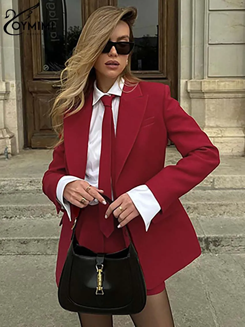 Oymimi Elegant Red Women's Two Pieces Set Fashion Long Sleeve Pockets Tie Button Blazers And High Waisted Simple Shorts Sets