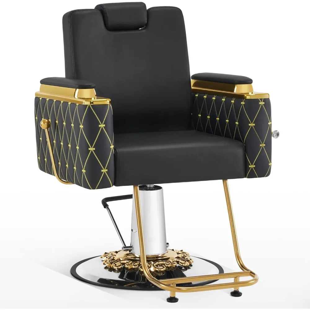 

Luxurious Barber Chair with Heavy-Duty Hydraulic Pump, Adjustable Reclining Salon Chair for Hair Stylist,Gold&Black Hair Styling