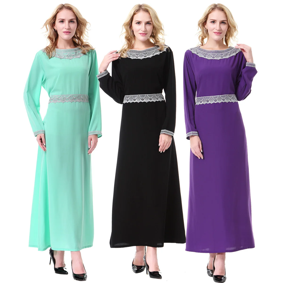

Middle East Muslim New Fashion Women's Solid Color Patchwork Casual Trendy Long Sleeve O-neck Ankle Length Dress Female Clothes