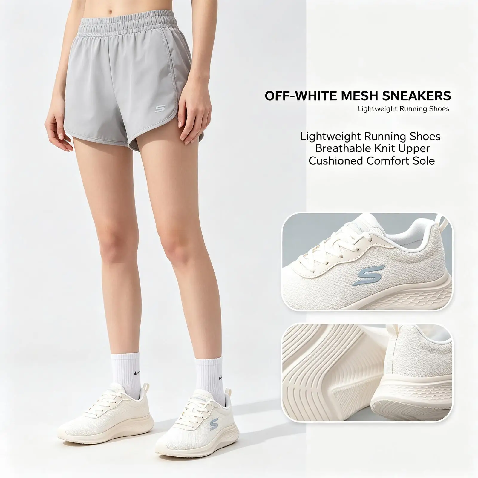 Skechers Off-White Mesh Running Sneakers Lightweight Breathable Knit Upper Blue Logo Shoes for Daily Walking Jogging Training