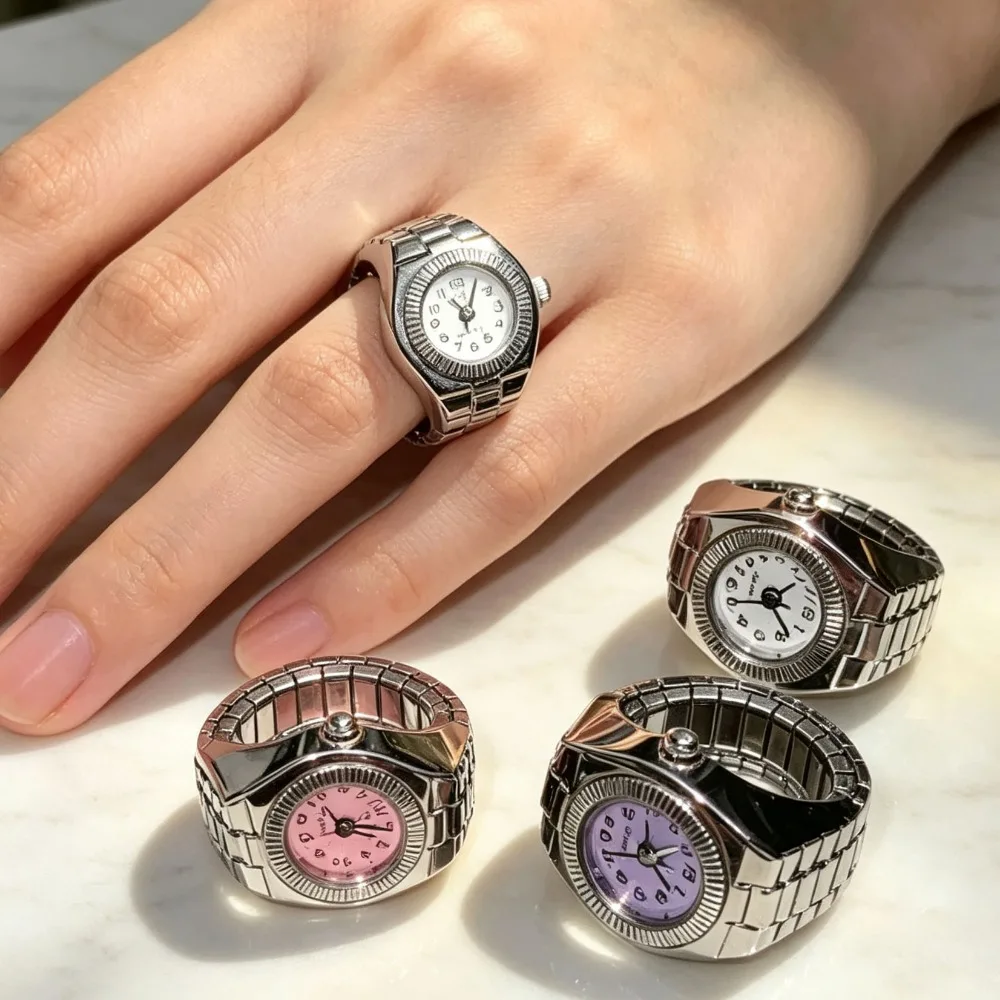 Vintage Punk Quartz Finger Ring Watch, Elastic Stretchy Band Couple Jewelry, Digital Ring Watch for Men & Women