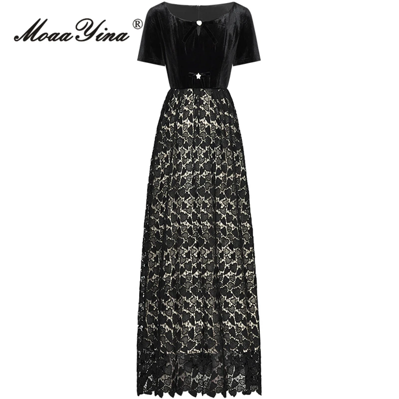 

MoaaYina Summer Fashion Designer Black Vintage Velvet Dress Women's O-Neck Short Sleeve Bow Lace Hollow Out Spliced Long Dresses