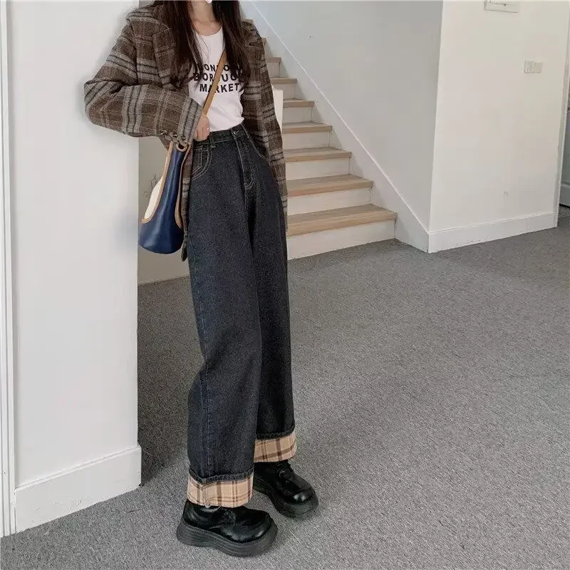 Women's Y2K High Waist Wide Leg Jeans Fleece Lined Loose Fit Slimming Flare Trousers Straight  Winter Fashion