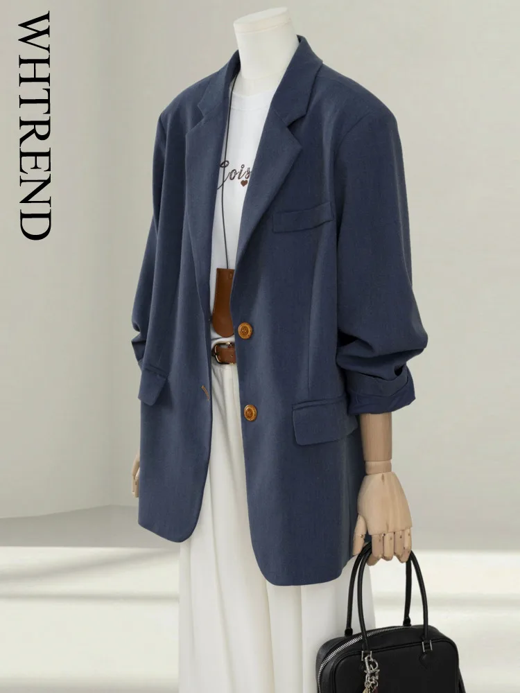 

WHTREND Blue Casual Blazer For Women Notched Collar Single Breasted Jacket Coats Autumn New Korean Style Loose Versatile WH1677