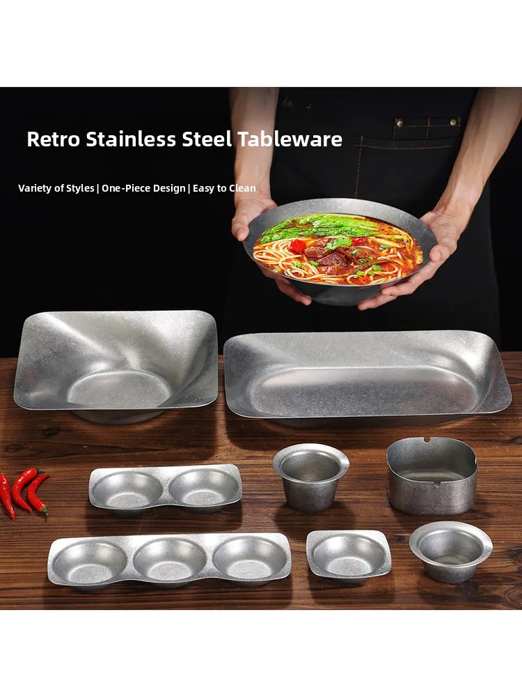 Bandeja de Acero Inoxidable Retro para Utensilios de Comedor, Plato para Barbacoa, Plato para Kimchi, Tazón para Arroz, Tazón para Sopa, Plato para Condimentos Estilo Japonés Antiguo