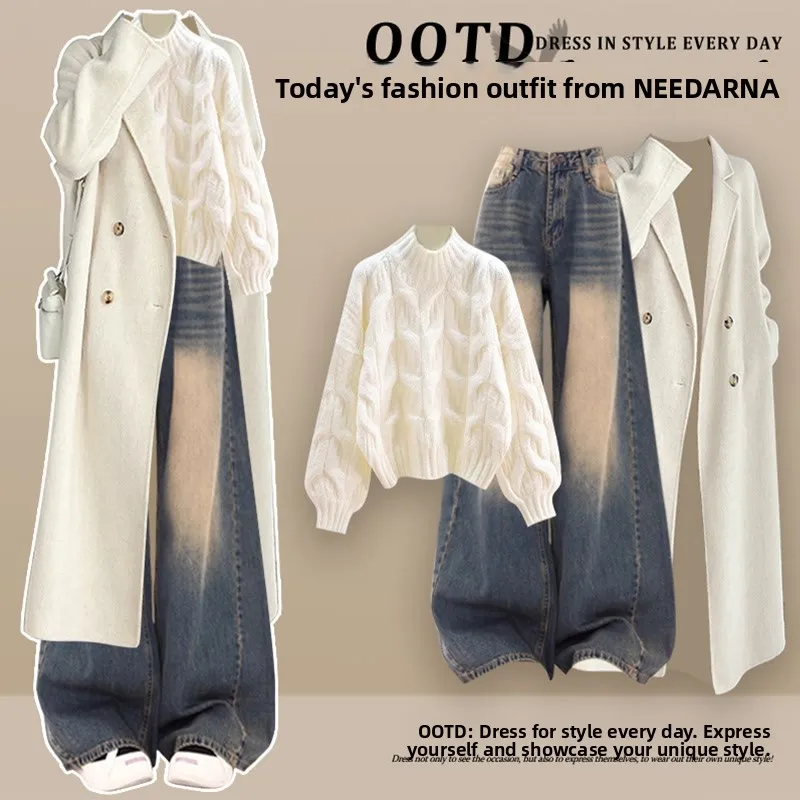 

Fashionable Knitted Sweater And Retro Jeans Women's Slimming Two-Piece Set Autumn Winter New Arrival Polyester Long Sleeve Bu...