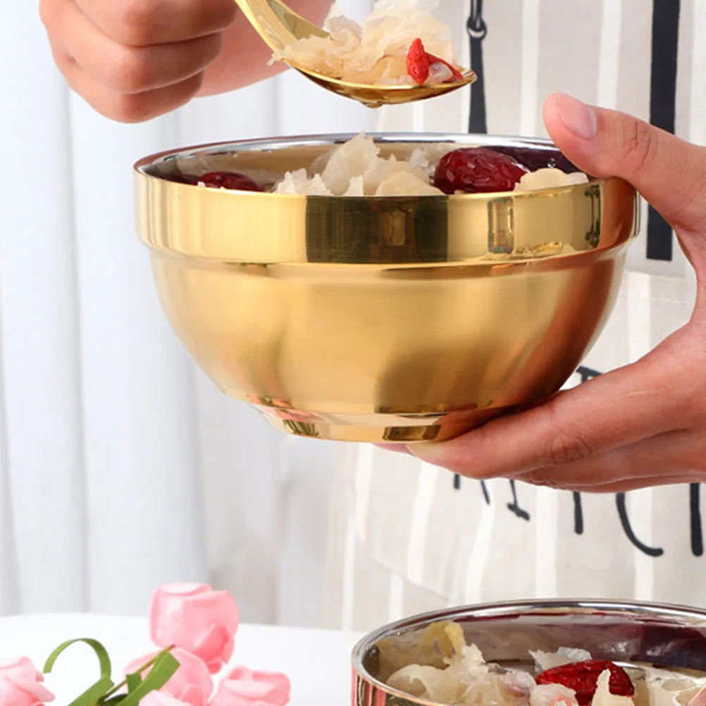 

Stainless Steel Bowl 2pcs Double Insulated Rice Soup Snack Anti Fall Household Utensils Titanium Plated Heavy Duty for Home