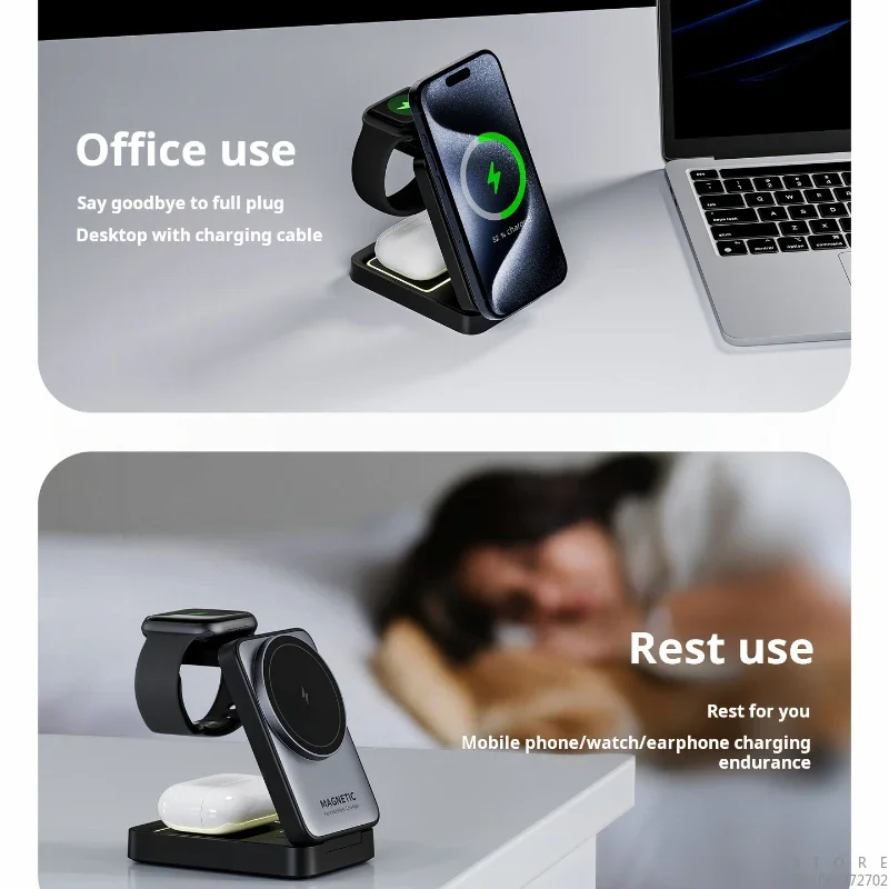 Foldable Magnetic 3 in 1 Wireless Charger Holder with Night Light for IPhone 15 14 13 Pro Max, Airpods and Iwatch Fast Charger image 5