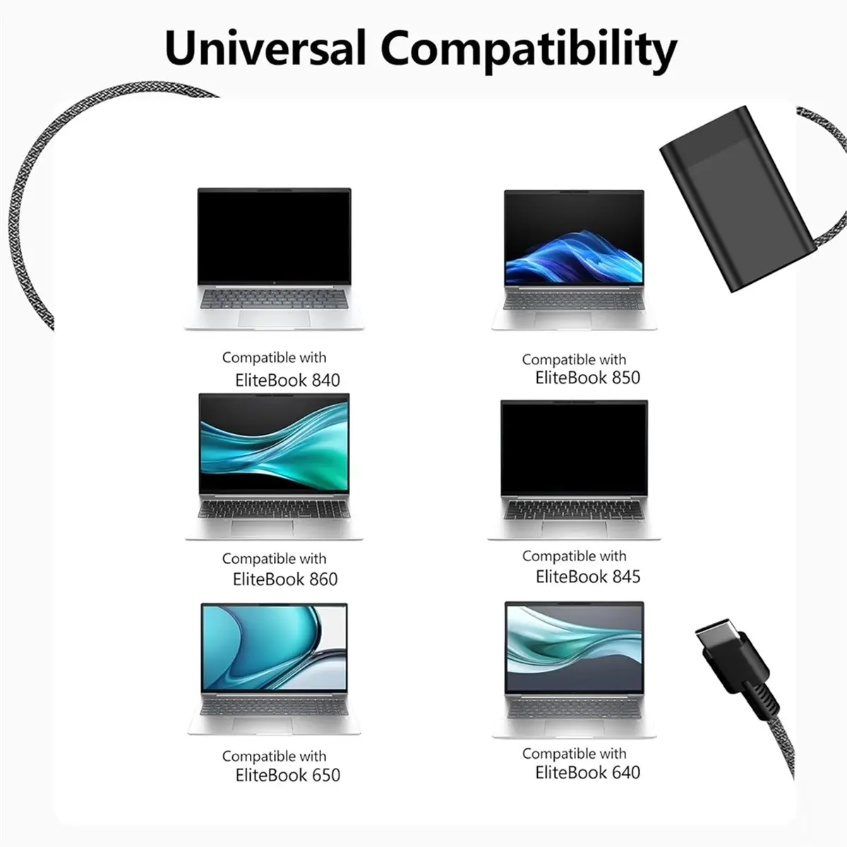 A41T New Slim 65W Type-C Laptop Charger Compatible for HP Elitebook 840 850 860 830 640 650 G8 G9 G10 G11,8/6/Ultra/X Etc EU