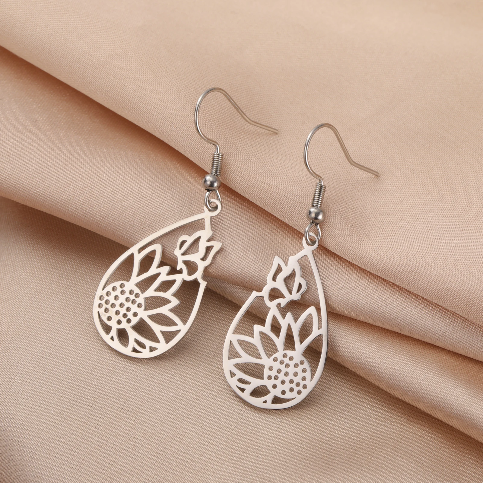 Skyrim Sunflower Butterfly Teardrop Pendant Earring Women Girls Stainless Steel Gold Color Earrings Jewelry Valentine's Day Gift