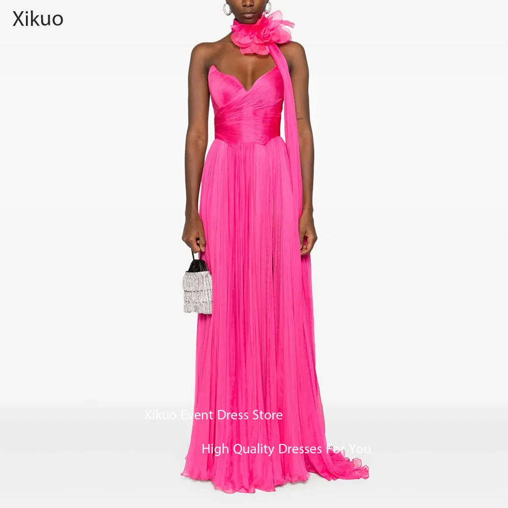 Gaun Malam Chiffon Merah Muda Xikuo dengan Kerah Floral Sweetheart Vestidos De Fiesta Sweetheart A Line Robe De Soirée Dapat Disesuaikan