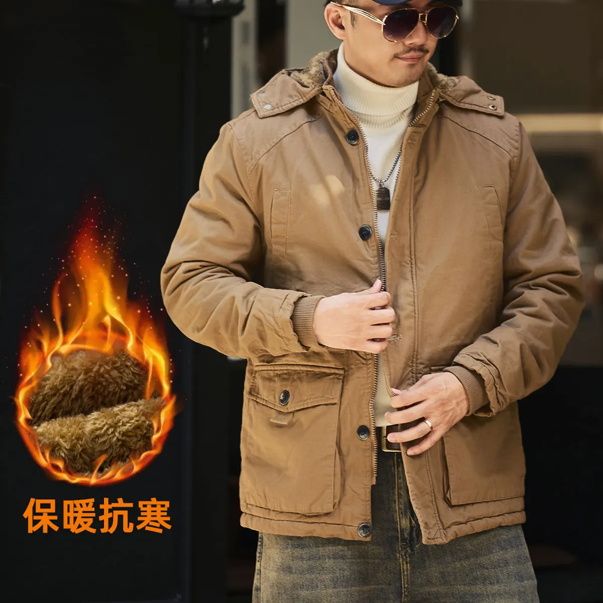 

Thickened Fleece Winter Men's Casual Fashion Hooded Workwear Jacket Coat Warmth Amekakie Cotton Zipper Pocket Straight Hem