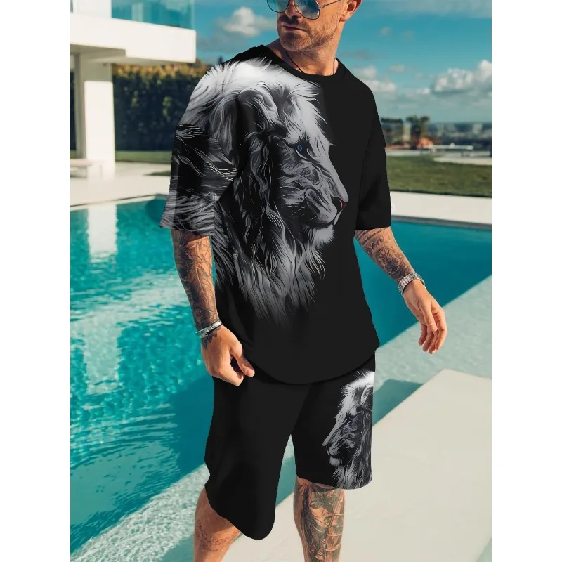 2025 Men's Summer 3D Printed T-shirt and Shorts Set Daily Casual Sports Round Neck Polyester Fiber Material