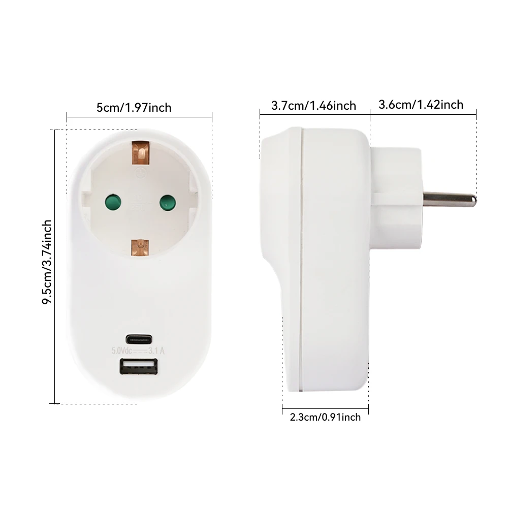 1pc/2pcs European Standard Multi-functional Wall Plug with one USB and Type-C port, a 2-hole grounded socket.