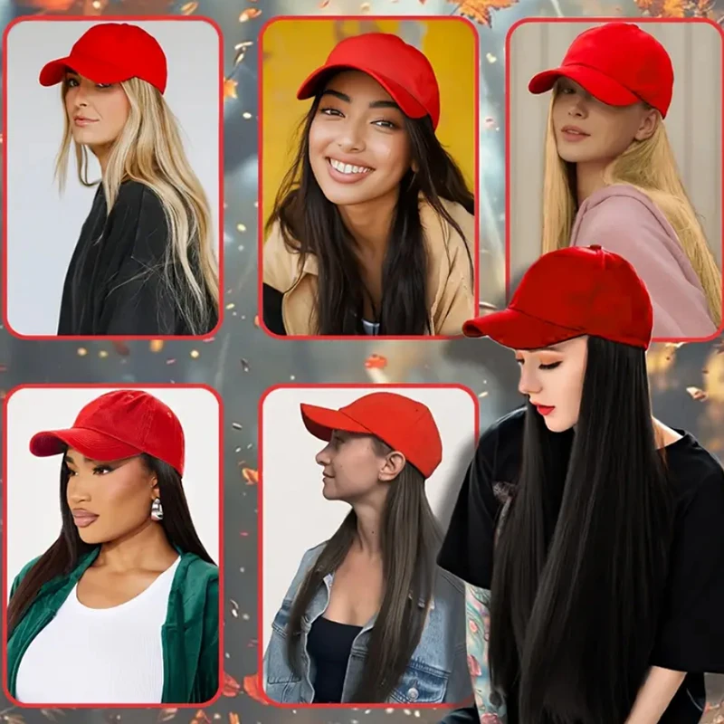 Red duckbill cap long straight synthetic wig fashionable and comfortabl multifunctional and adjustable suitable for all women