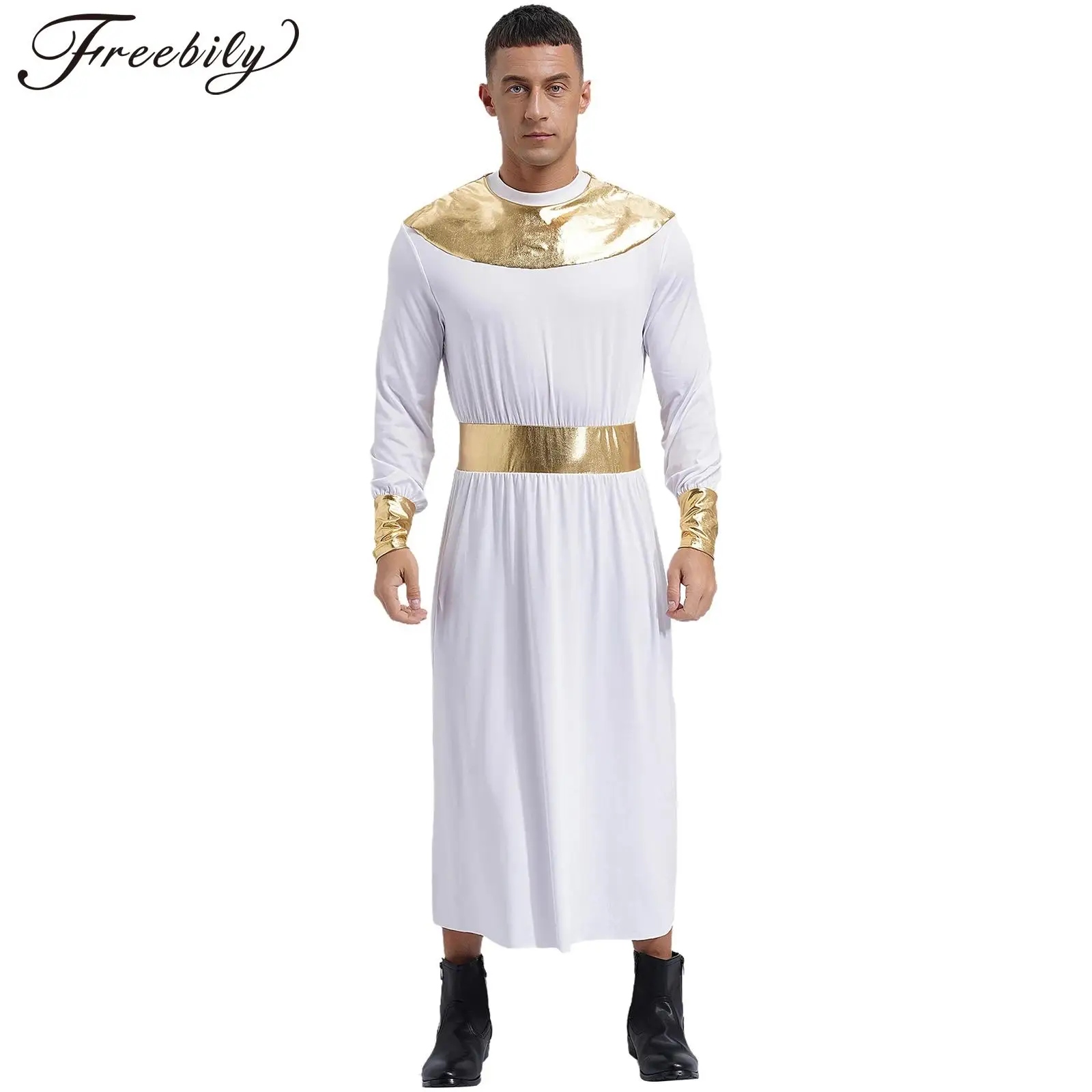 Mannen Egyptische Farao Koning Cosplay Kostuum Lange Mouw Metallic Glanzende Toga Robe Halloween Carnaval Oude Egypte Verkleedkleding