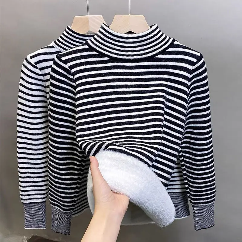 

2024 Women Autumn Winter New Long Sleeve Cashmere Jumpers Female Semi-turtleneck Knitted Tops Ladies Striped Sweater Tops B683