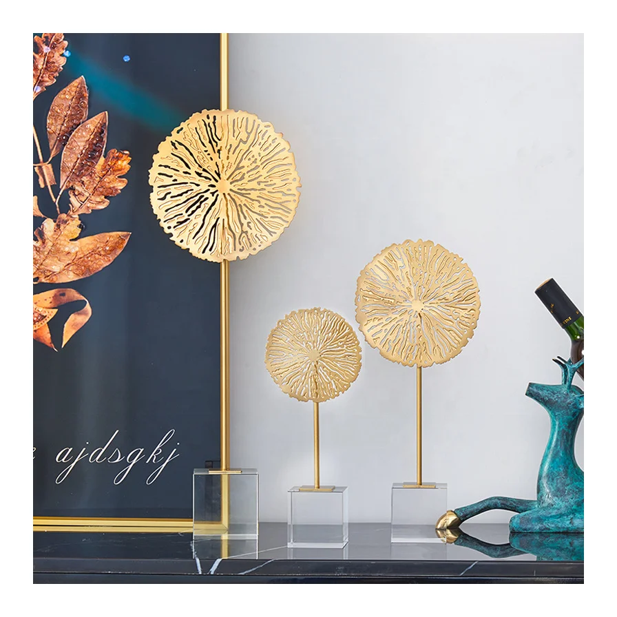 Modern Abstract Crystal Base with Electroplated Metal Lotus Leaf Three Creative Tabletop Furnishings for Home Decor