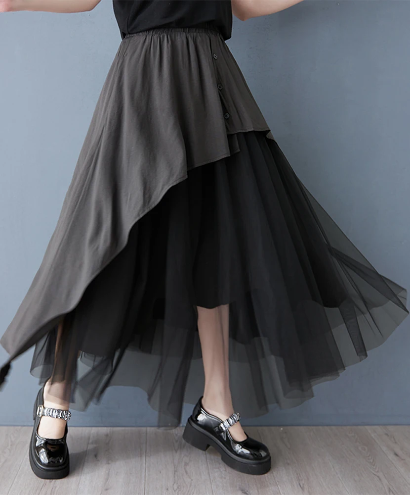 

NYFS 2025 Spring Summer New Woman Skirts Female High Waist Loose Plus Size Patchwork Mesh Irregular Solid Long Skirt