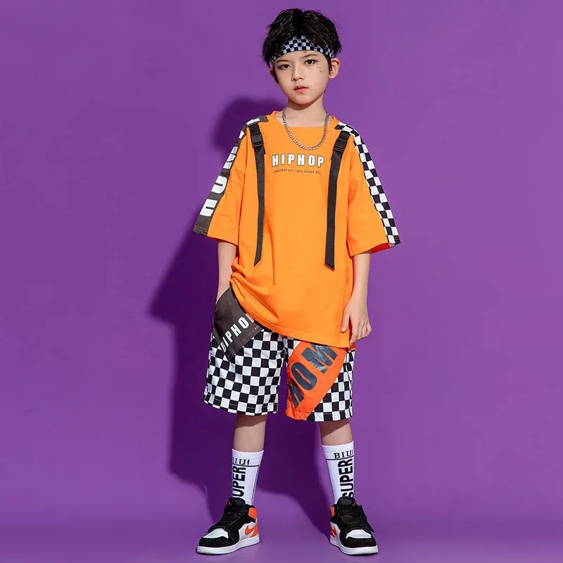 

COSda@Girl Hip Hop Clothing Graphic Orange T Shirt Crop Top Streetwear Checkered Summer Shorts Skirt for Kid Boy Dance CostumeCO