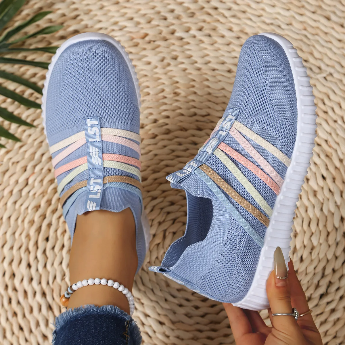 New Striped Women's Mesh Sports Casual Sneakers Breathable Socks Shoes Low-Cut Net Running Shoes Female