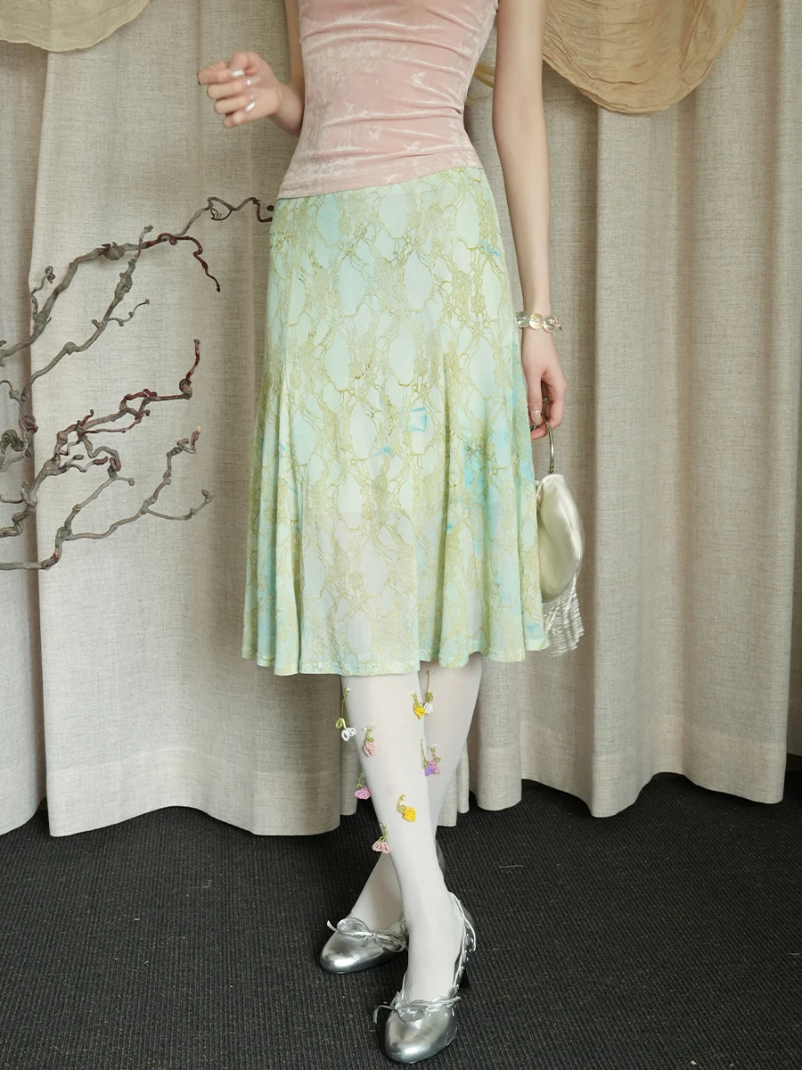 

Новая женская юбка BYBYE в китайском стиле А-силуэта с градиентным флокированным узором, из высокоэластичной полиэстеровой ткани, со средней талией